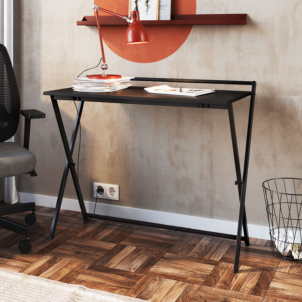 Mesa Escrivaninha Industrial para Escritório Dobrável Preta e Grafite - Imagem 4