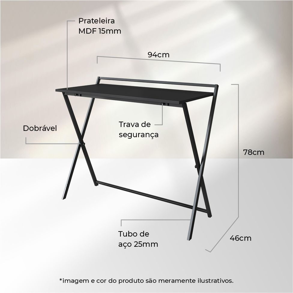 Mesa Escrivaninha Industrial para Escritório Dobrável Preta e Grafite - Imagem 5