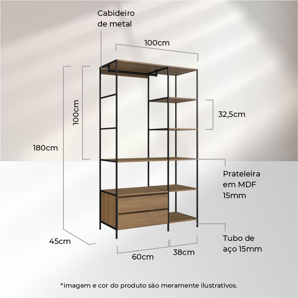 Guarda-Roupa Closet 2 Gavetas Preto e Mel - Imagem 3