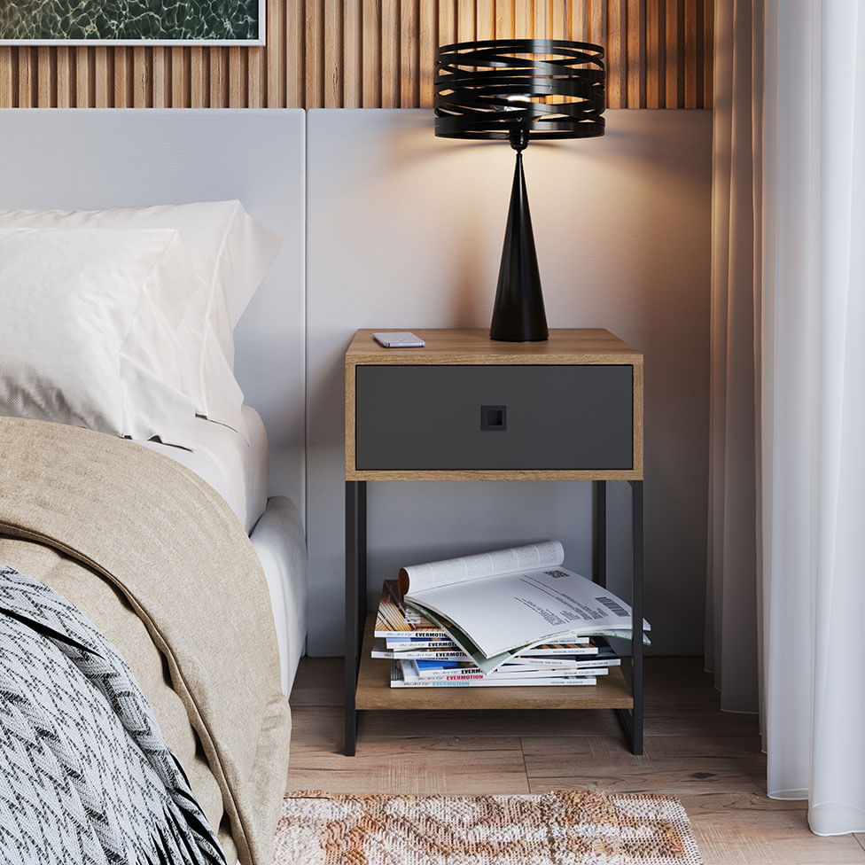 Mesa de Cabeceira Industrial 1 Gaveta Mel e Grafite - Imagem 2