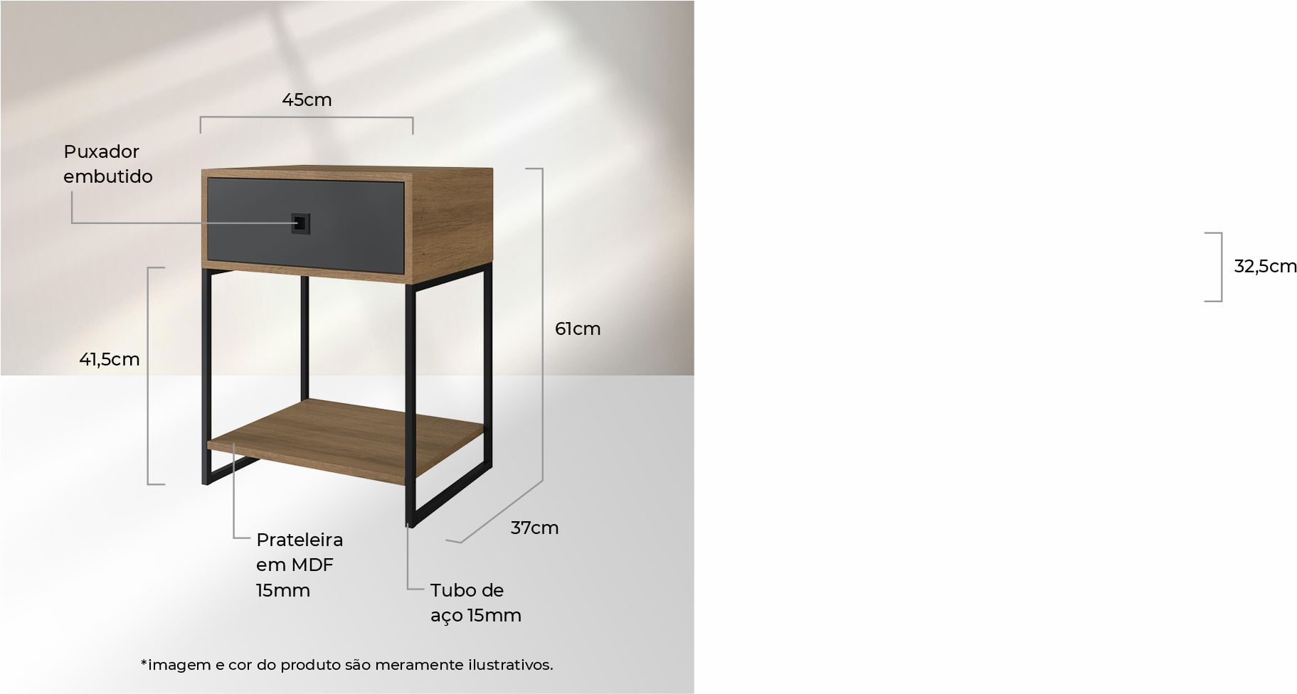 Mesa de Cabeceira Industrial 1 Gaveta Mel e Grafite - Imagem 3