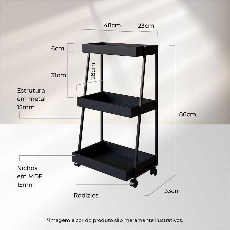 Carrinho Organizador Multiuso 3 Prateleira Preto e Grafite - Imagem 4