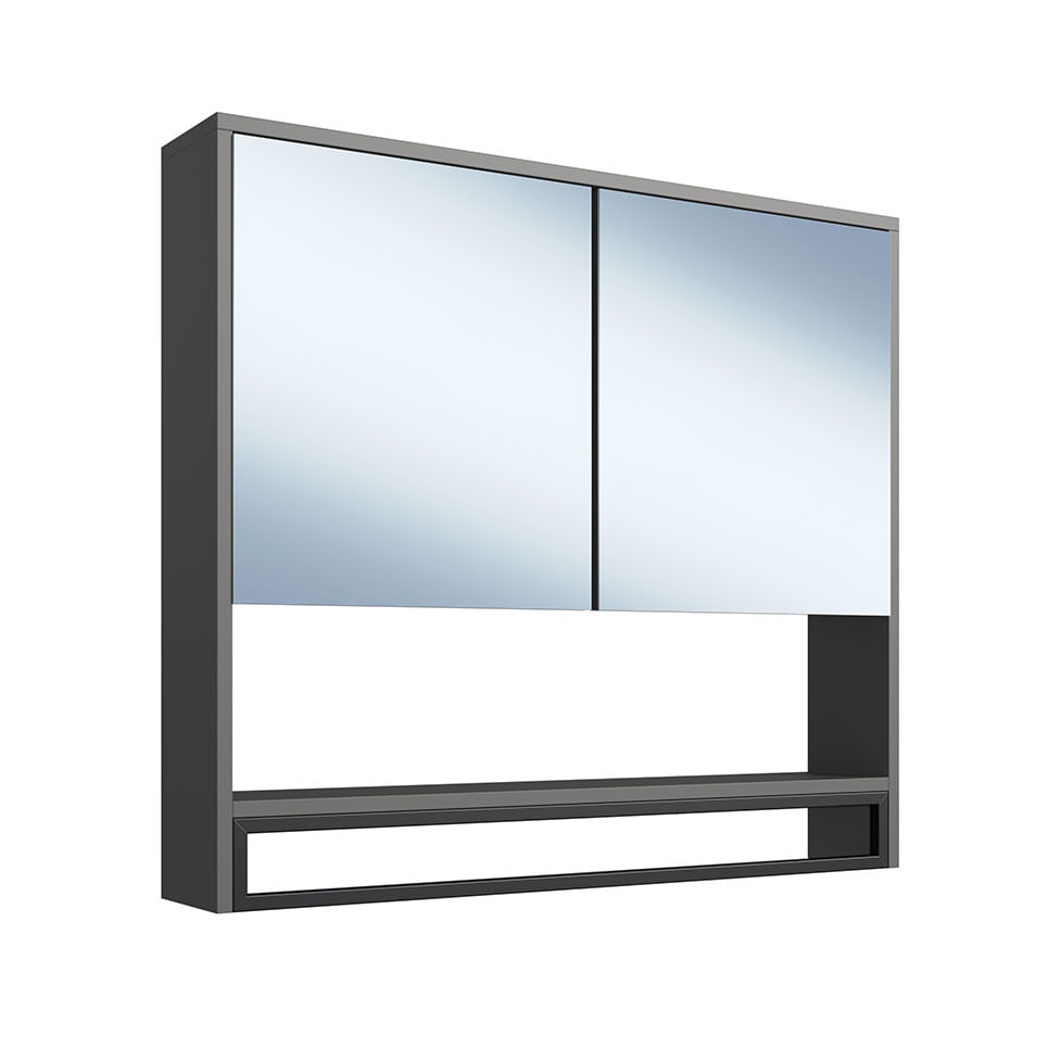 Armário Espelheira Industrial para Banheiro Preto e Grafite com Toalheiro