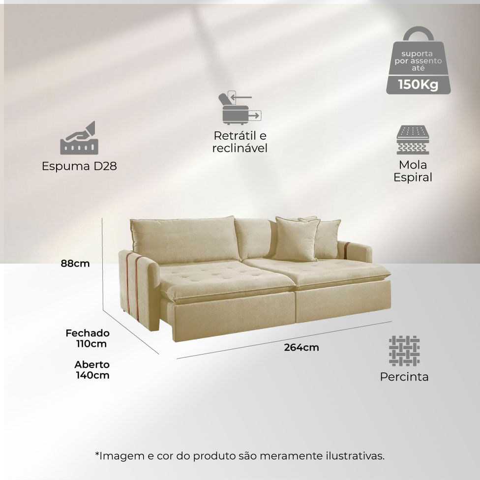 Sofá Texas Retrátil e Reclinável sem Caixa em Linho Bege 2,64m - Imagem 4