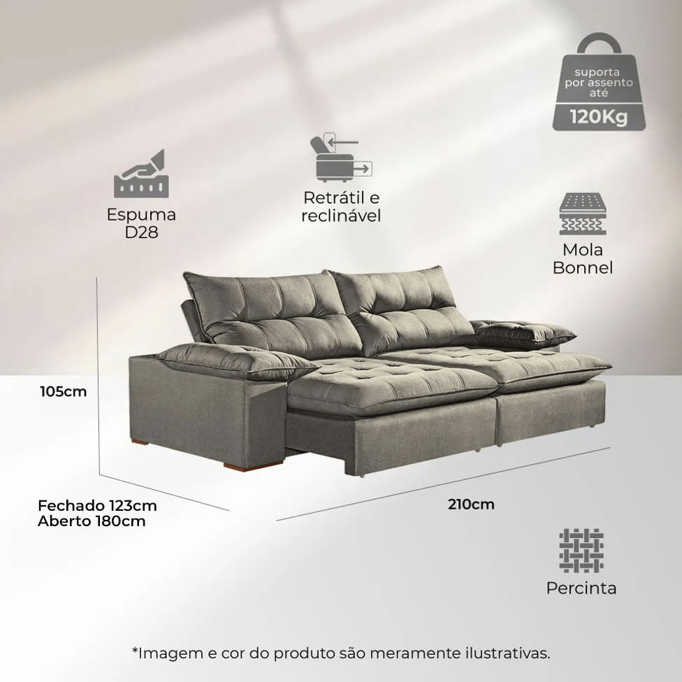 Sofá Punta Cana Retrátil e Reclinável Grafite - 2,10m - Imagem 3