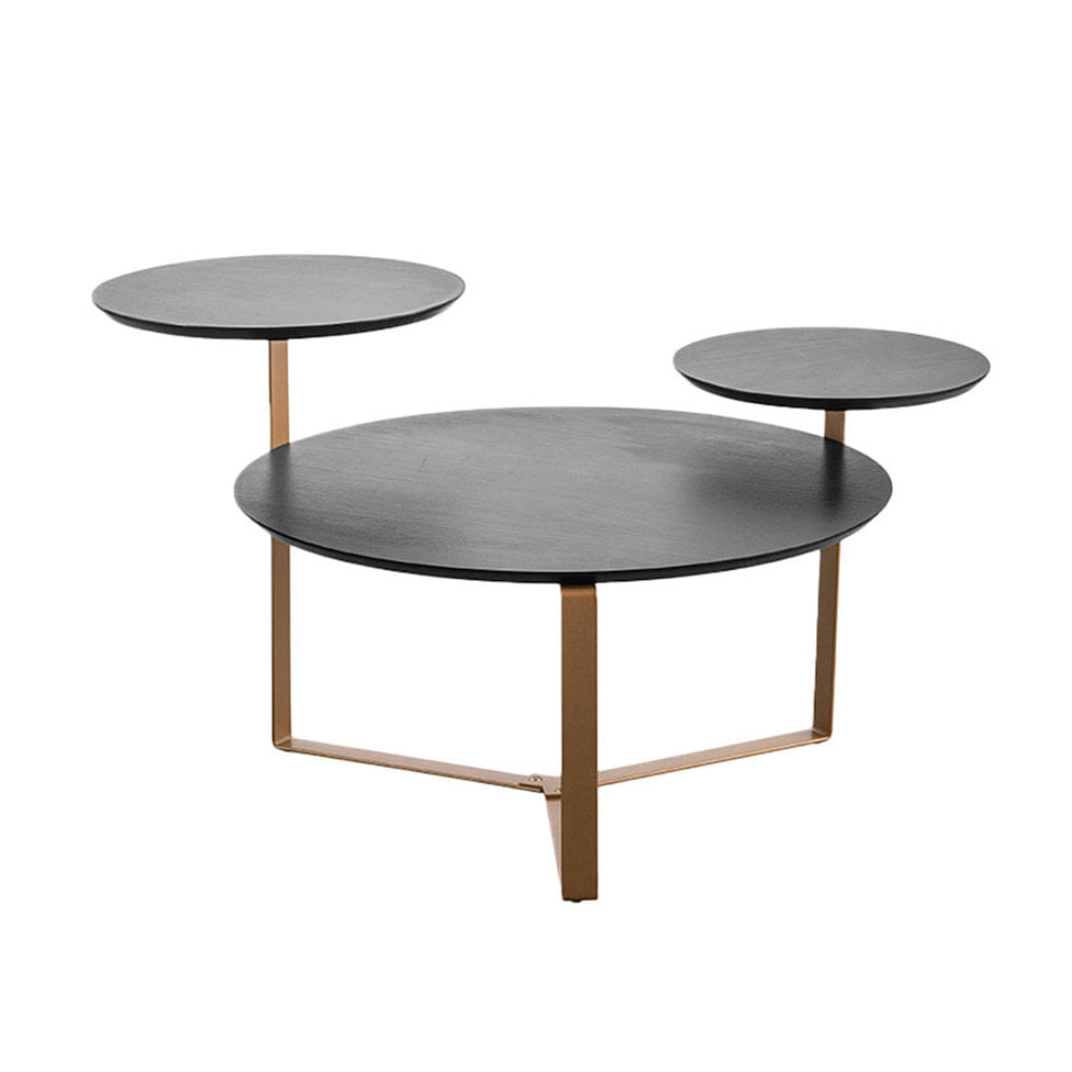Mesa de Centro Redonda Orgânica Chanfrada 3 Tampos Nero e Dourada