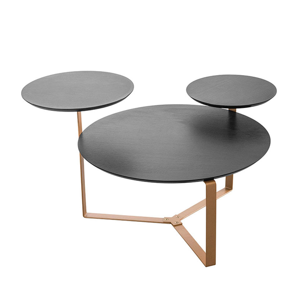 Mesa de Centro Redonda Orgânica Chanfrada 3 Tampos Nero e Dourada - Imagem 2