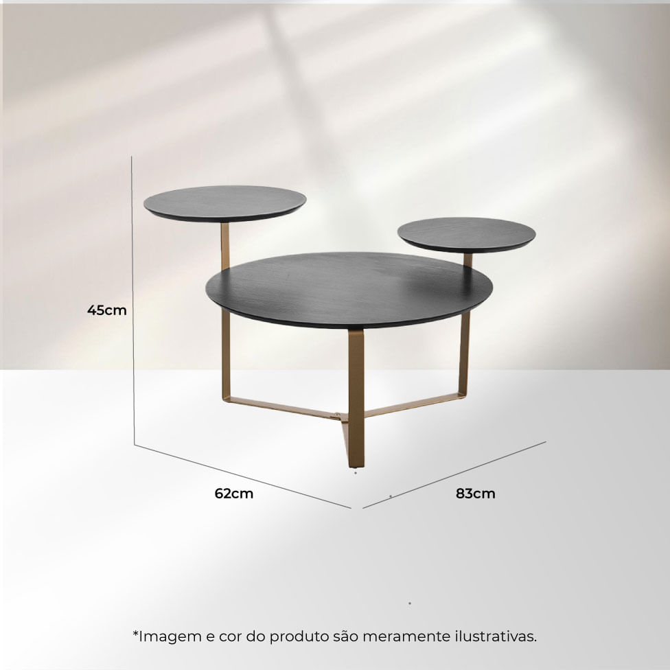 Mesa de Centro Redonda Orgânica Chanfrada 3 Tampos Nero e Dourada - Imagem 5