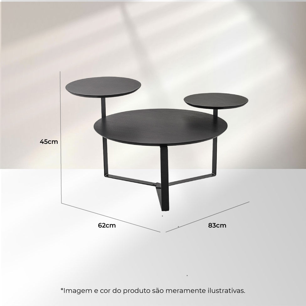 Mesa de Centro Redonda Orgânica Chanfrada 3 Tampos Nero e Preta - Imagem 5