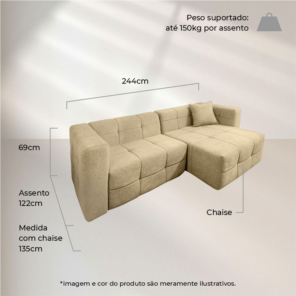 Sofá Colorado Living com Chaise Direita em Boucle Bege 2,44m - Imagem 4