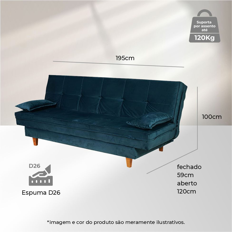 Sofá Cama Mooca em Veludo Azul 1,95m - Imagem 5