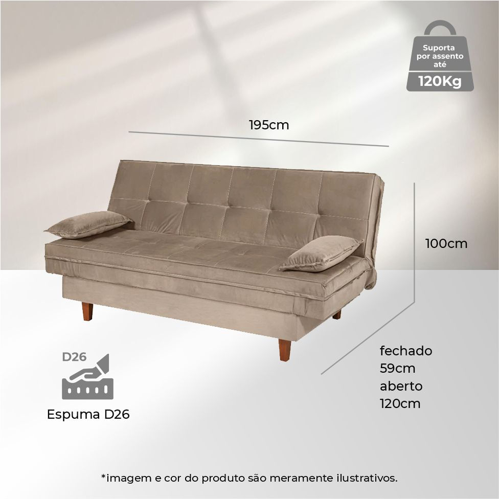 Sofá Cama Mooca em Veludo Bege 1,95m - Imagem 5