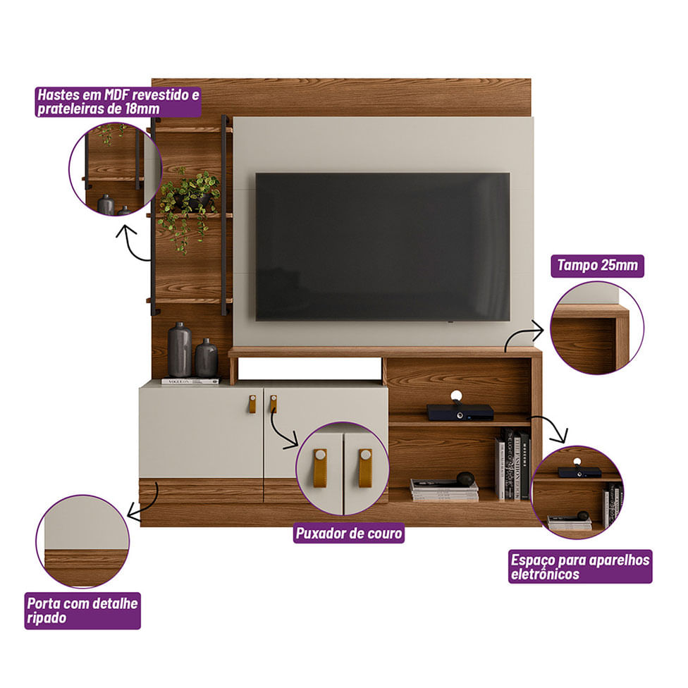Estante Home Alagoas para TV até 50" Freijó e Off White - Imagem 2