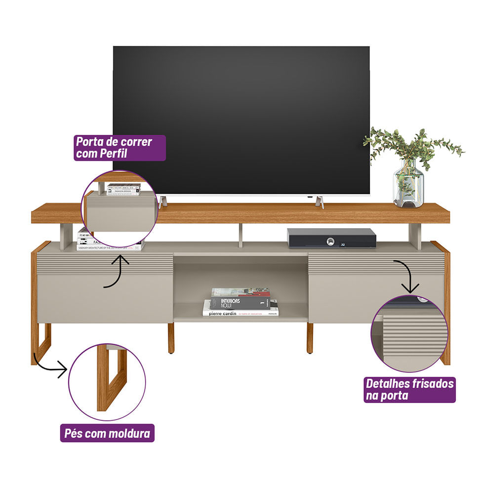 Rack Esmeralda para TV 70" com 2 Portas Nature e Off White - Imagem 3