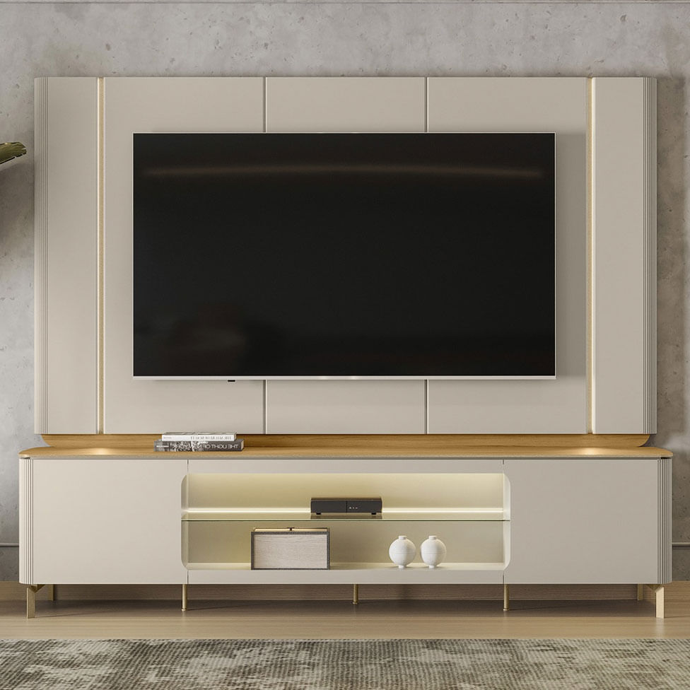 Rack Santorini para TV 85" com 2 Portas e Iluminação de LED Tauari e Off White - Imagem 2