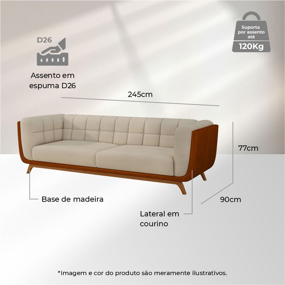 Sofá Bugatti Living em Linho Bege Mescla 2,40m - Imagem 3