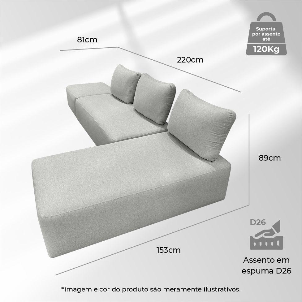 Sofá Living Munique com Chaise em Linho Cinza 2,22m - Imagem 4