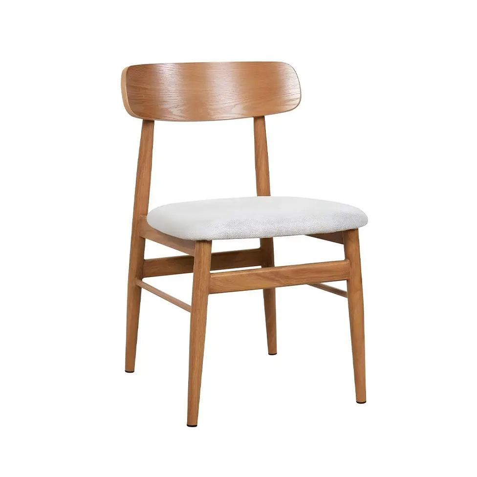 Cadeira Delta em Linho Off White com Encosto de Madeira e Base de Aço Natural