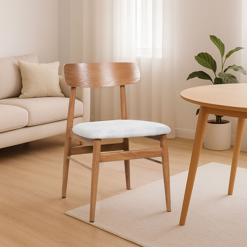 Cadeira Delta em Linho Off White com Encosto de Madeira e Base de Aço Natural - Imagem 3