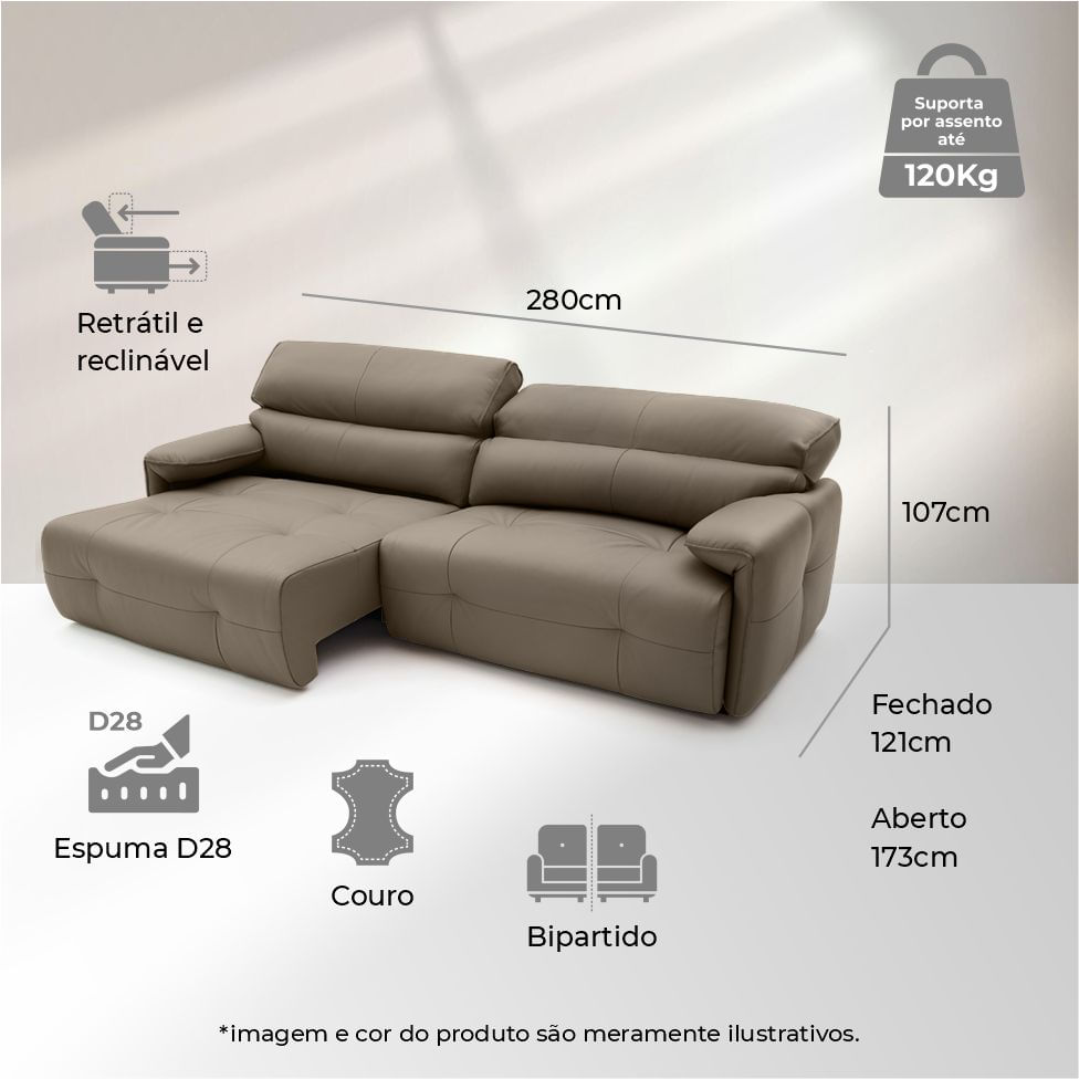 Sofá Capri Retratil em Couro Avelã 2,80m - Imagem 7
