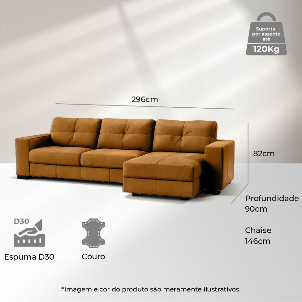 Sofá Domini com Chaise Direita em Couro Amarula 2,96m - Imagem 4