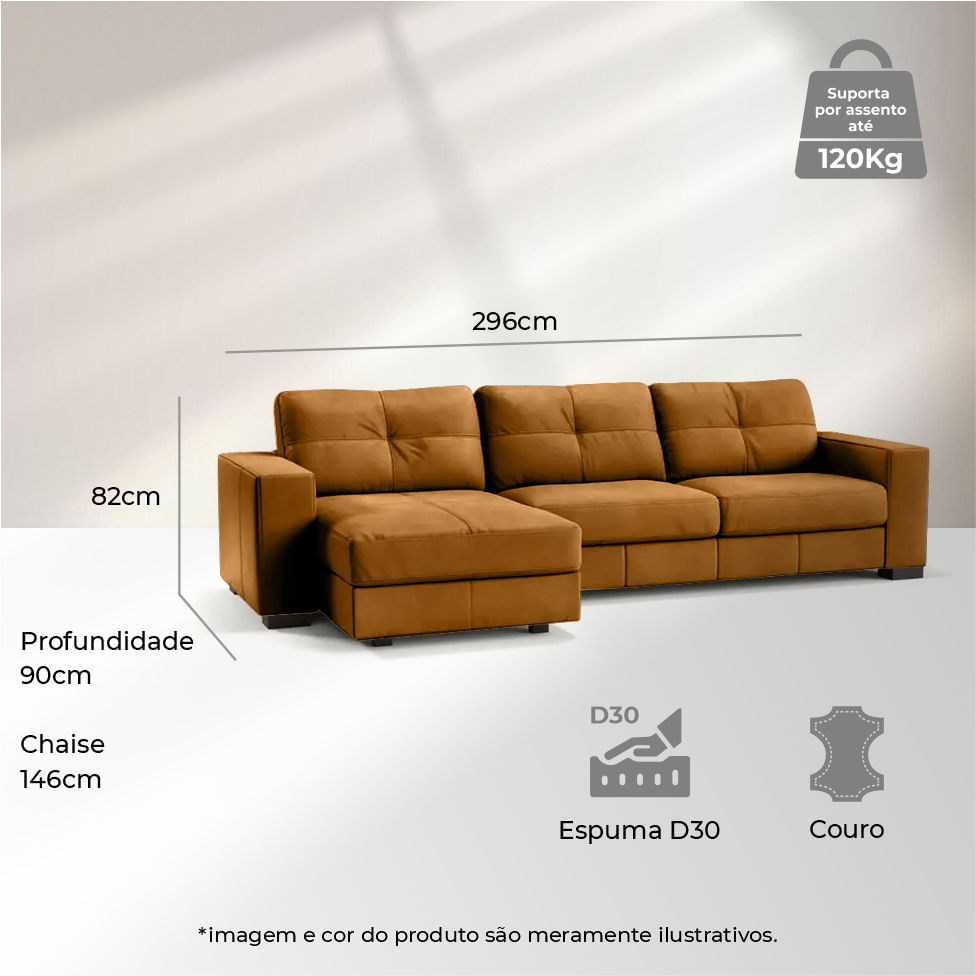 Sofá Domini com Chaise Esquerdo em Couro Amarula 2,96m - Imagem 4