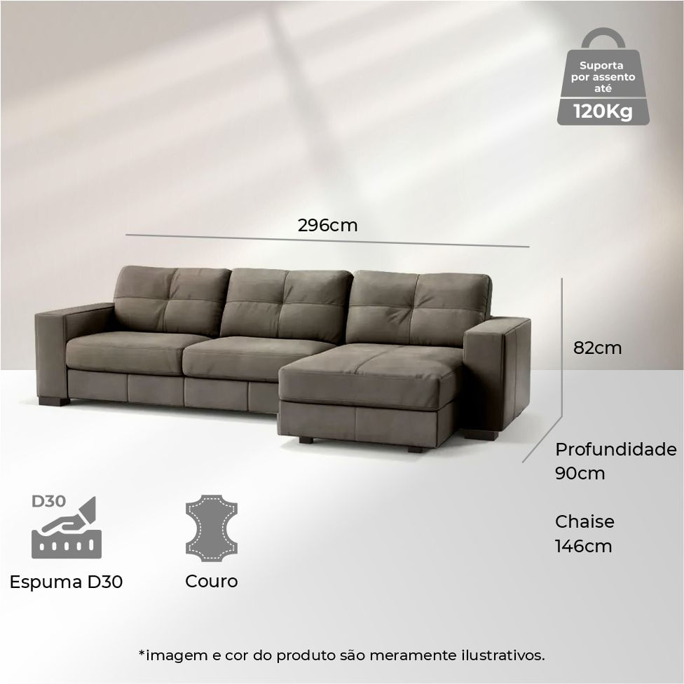 Sofá Domini com Chaise Direita em Couro Cimento 2,96m - Imagem 3