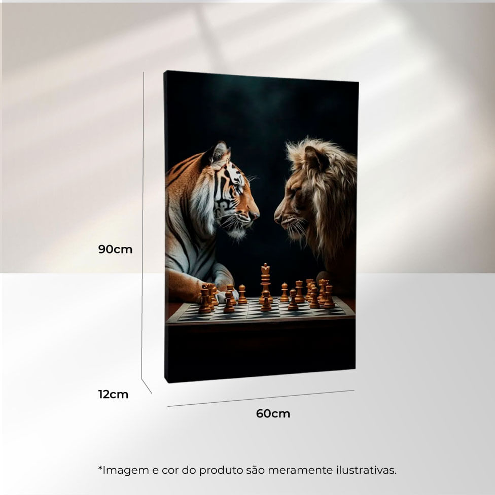 Quadro Decorativo Leão e tigre jogando Xadrez Moldura Preta com vidro 60x90 - Imagem 3
