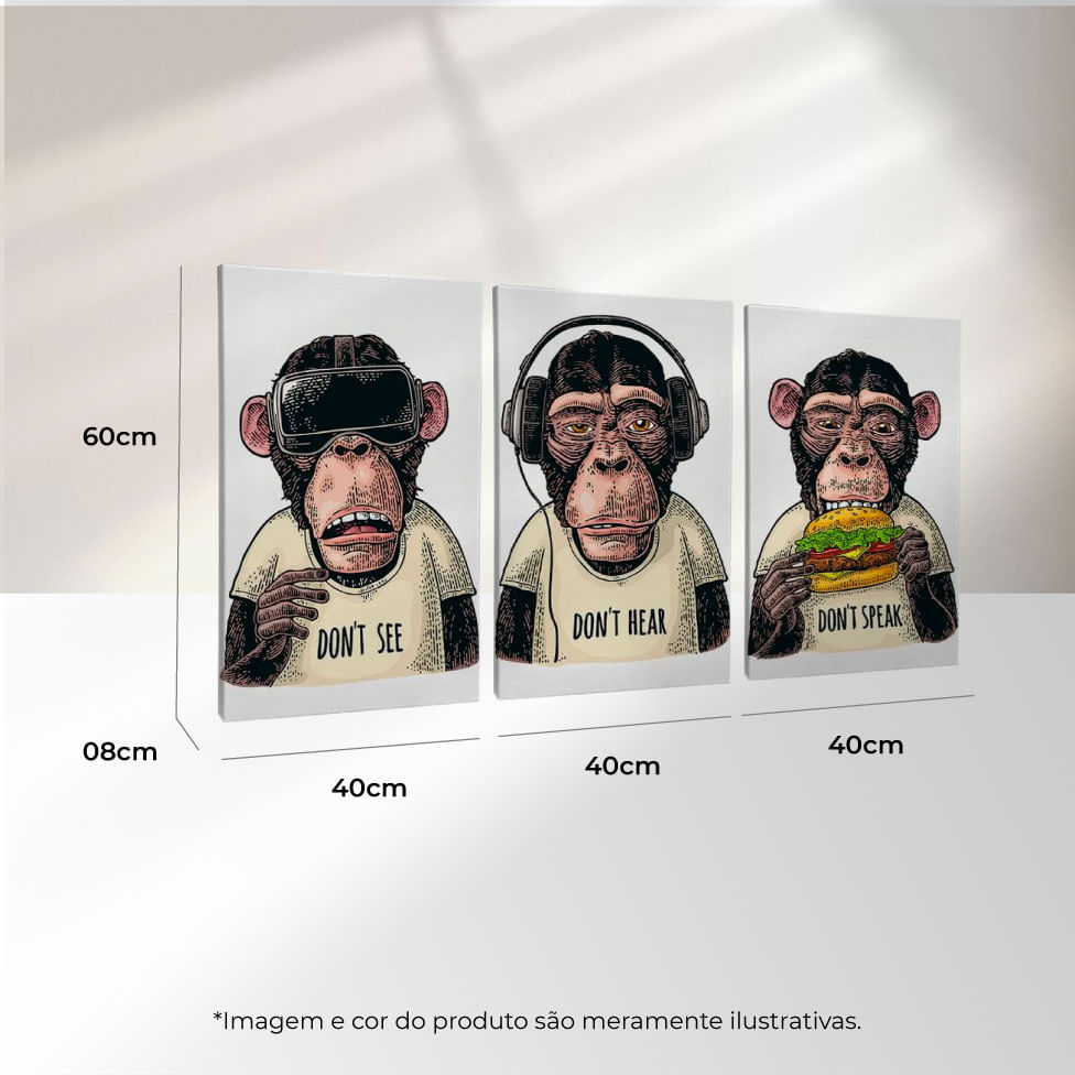 Quadro Decorativo 3 Telas Macacos 40x60 Moldura Natural sem vidro - Imagem 3