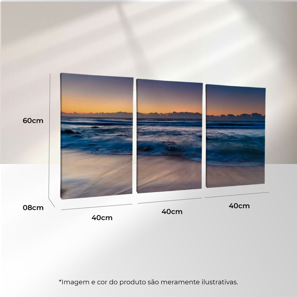 Quadro Decorativo 3 Telas Paisagem Praia Mar Azul 40x60 Moldura Natural sem vidro - Imagem 3