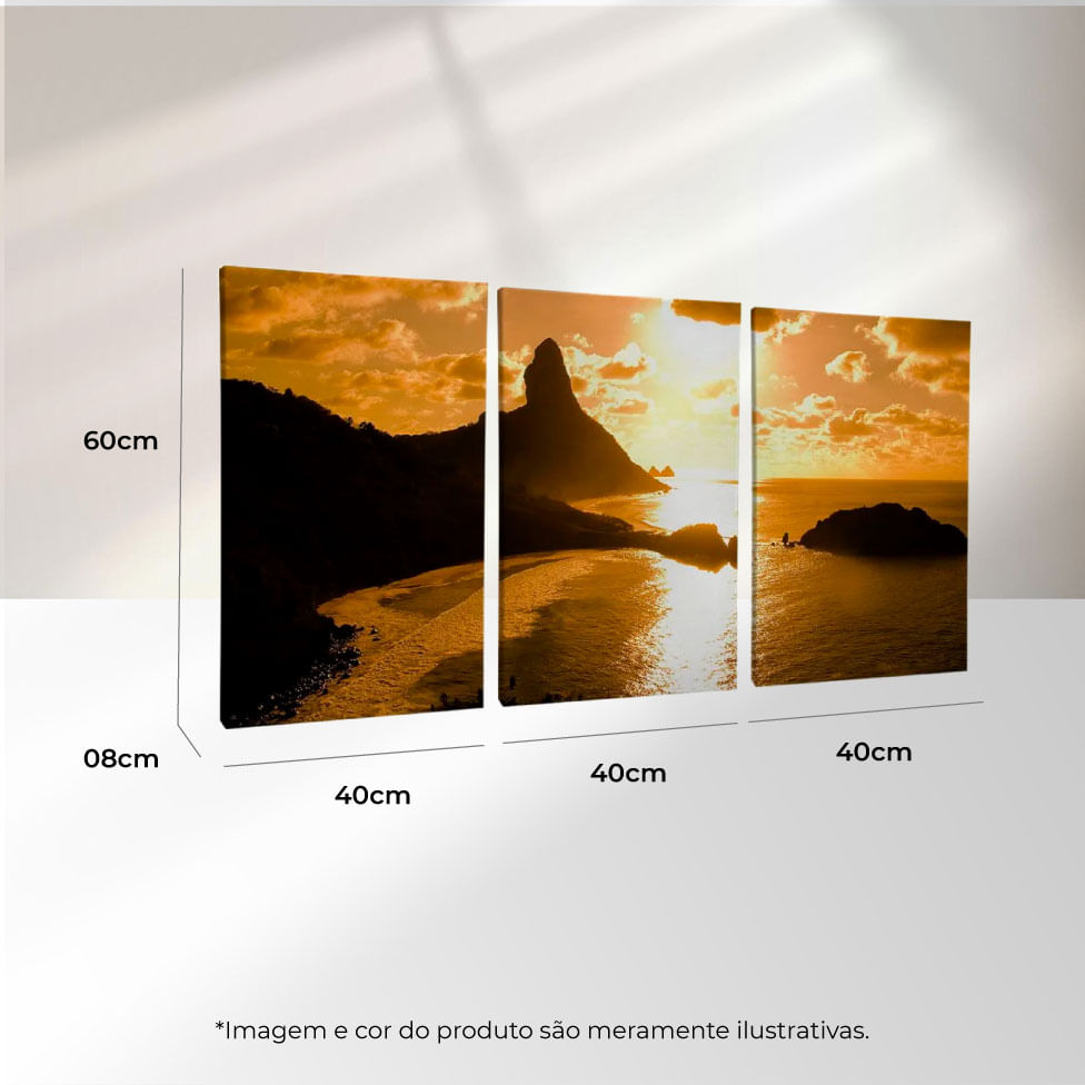 Quadro Decorativo 3 Telas Paisagem Por do Sol Mar Fernando de Noronha 40X60 Moldura Branca sem vidro - Imagem 3