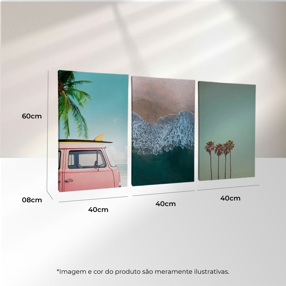 Quadro Decorativo 3 Telas Praia Mar Surf Coqueiro 40x60 Moldura Natural sem vidro - Imagem 3