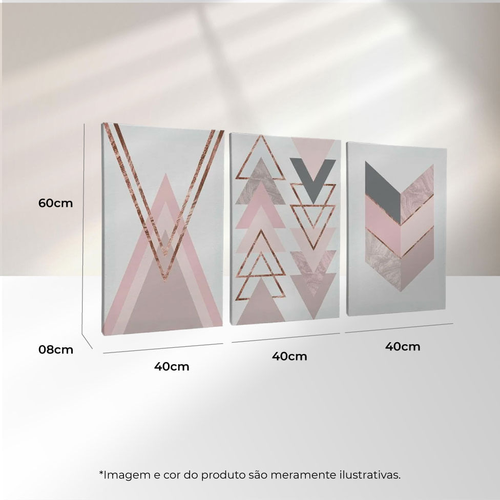 Quadro Decorativo 3 Telas Geométrico Rose Formas Linhas 40X60 Moldura Preto sem vidro - Imagem 3
