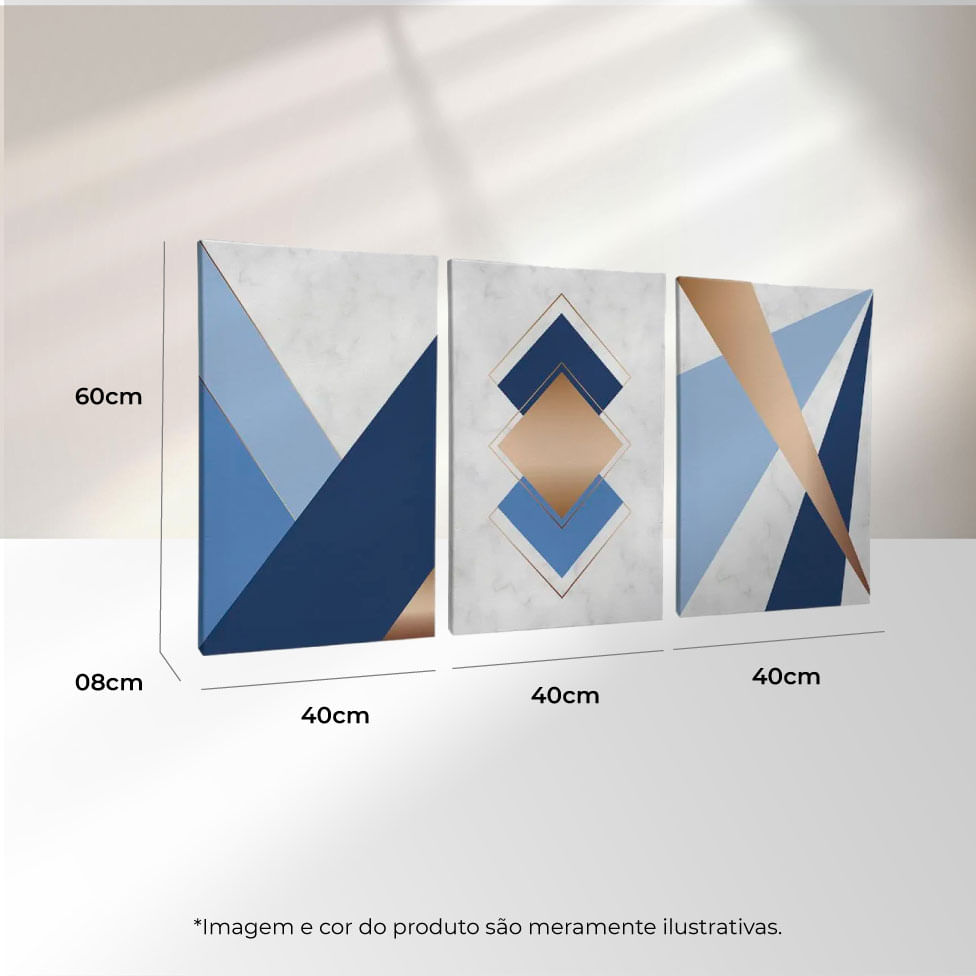Quadro Decorativo 3 Telas Geométrico Azul Dourado Formas Linhas 40X60 Moldura Preto sem vidro - Imagem 3