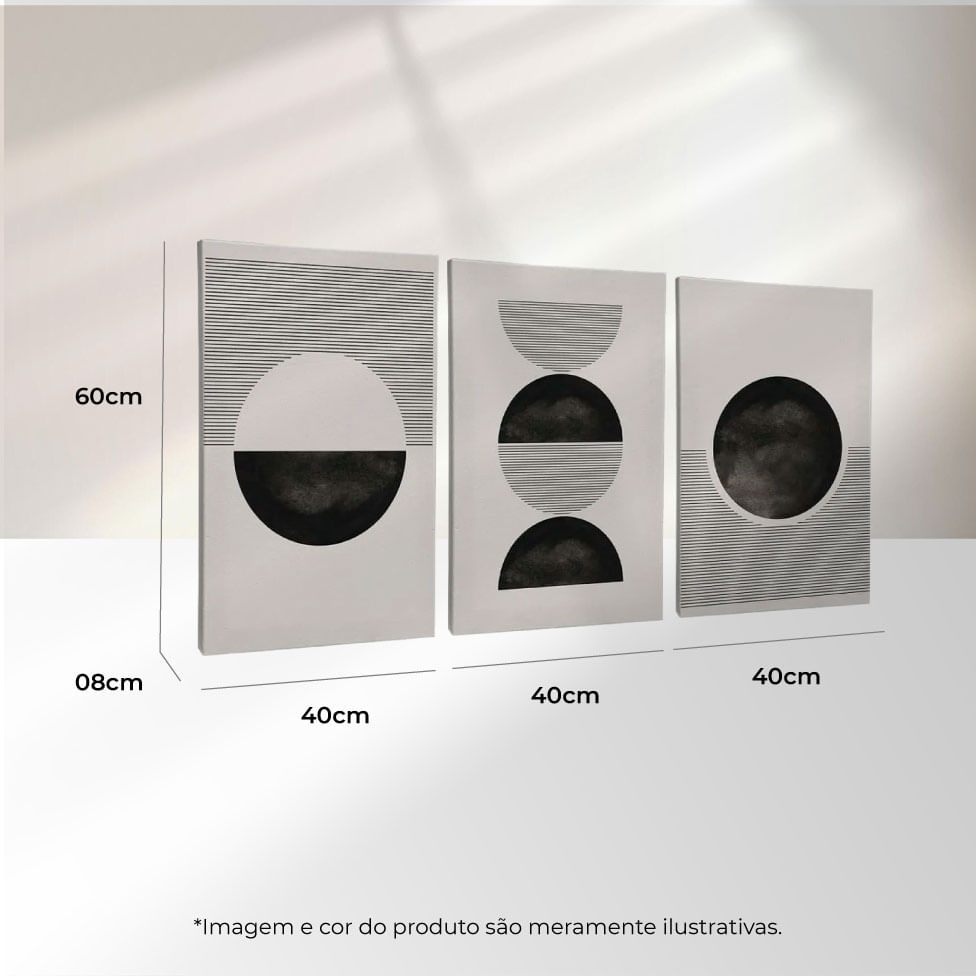 Quadro Decorativo 3 Telas Abstrato com Linhas I 40X60 Moldura Preto sem vidro - Imagem 3