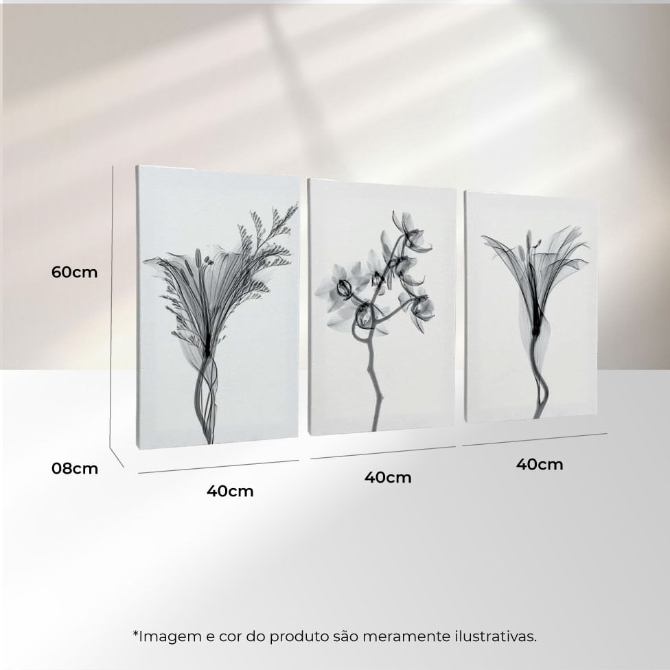 Quadro Decorativo 3 Telas Flores PB II 40x60 Moldura Natural sem vidro - Imagem 3