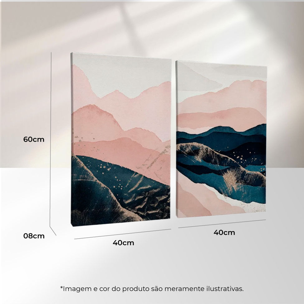 Quadro Decorativo 2 Telas Abstrato Montanhas Azul e Rosa 40X60 Moldura Preto sem vidro - Imagem 3