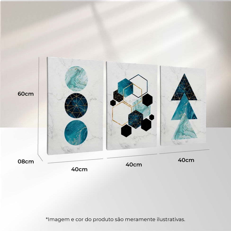Quadro Decorativo 3 Telas Geométrico Azul II 40X60 Moldura Preto sem vidro - Imagem 3