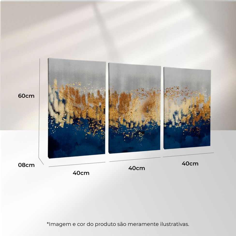 Quadro Decorativo 3 Telas Abstrato Azul e Dourado 40X60 Moldura Preto sem vidro - Imagem 3