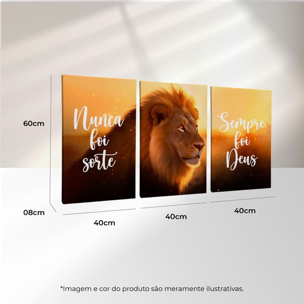 Quadro Decorativo 3 Telas Leão Pôr do Sol Nunca foi Sorte, Sempre foi Deus 40X60 Moldura Preto sem vidro - Imagem 3