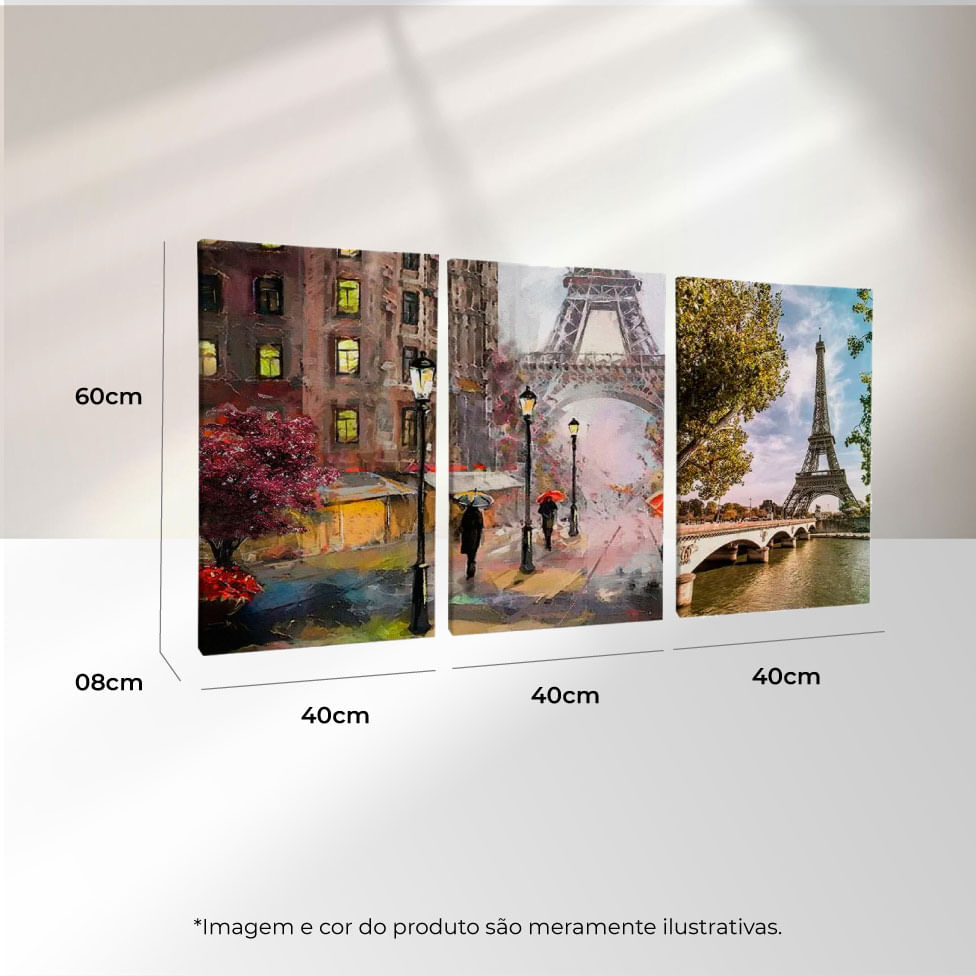 Quadro Decorativo 3 Telas Paisagem Cidade Pintura de Paris França 40x60 Moldura Natural sem vidro - Imagem 3