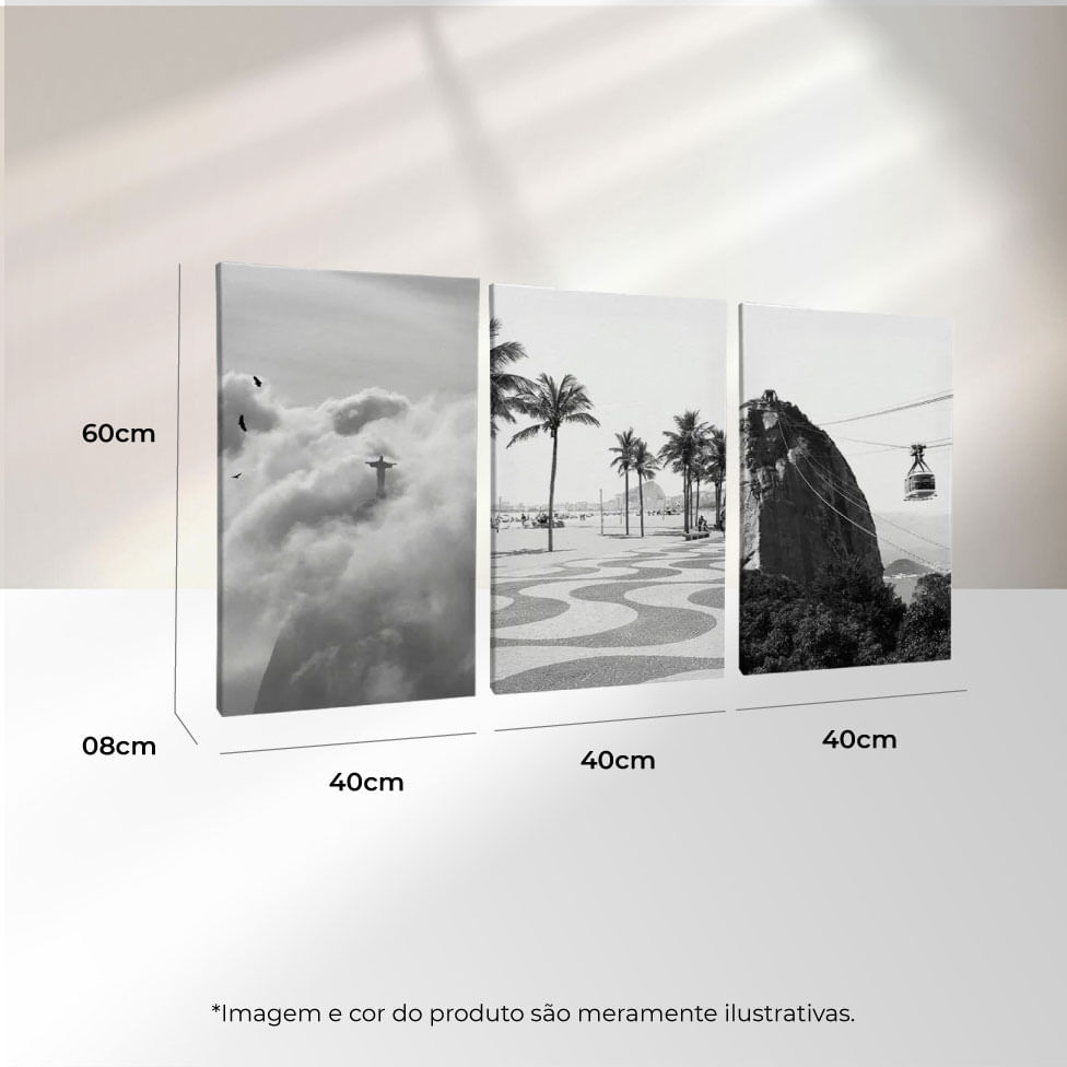 Quadro Decorativo 3 Telas Rio de Janeiro PB 40x60 Moldura Natural sem vidro - Imagem 3