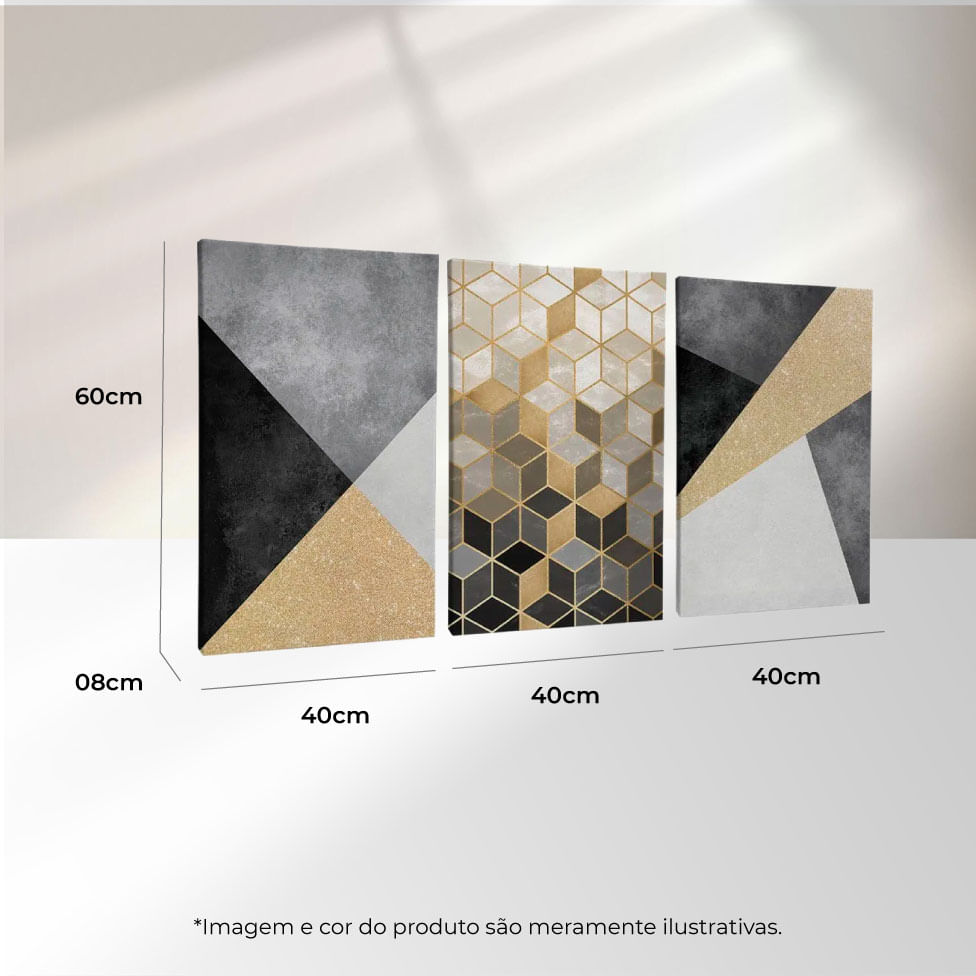 Quadro Decorativo 3 Telas Dourado 40X60 Moldura Preto sem vidro - Imagem 3