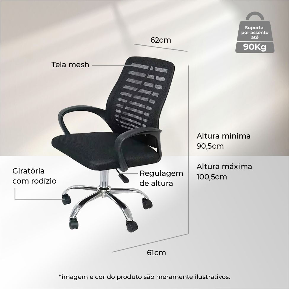 Cadeira Office Cadis com Tela Mesh Preta com Apoio de Cabeça e Base Rodizio Cromada - Imagem 5