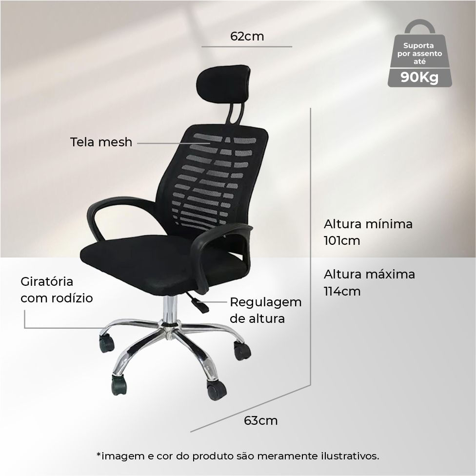 Cadeira Office Cadis com Tela Mesh Preta e Base Rodizio Cromada - Imagem 5