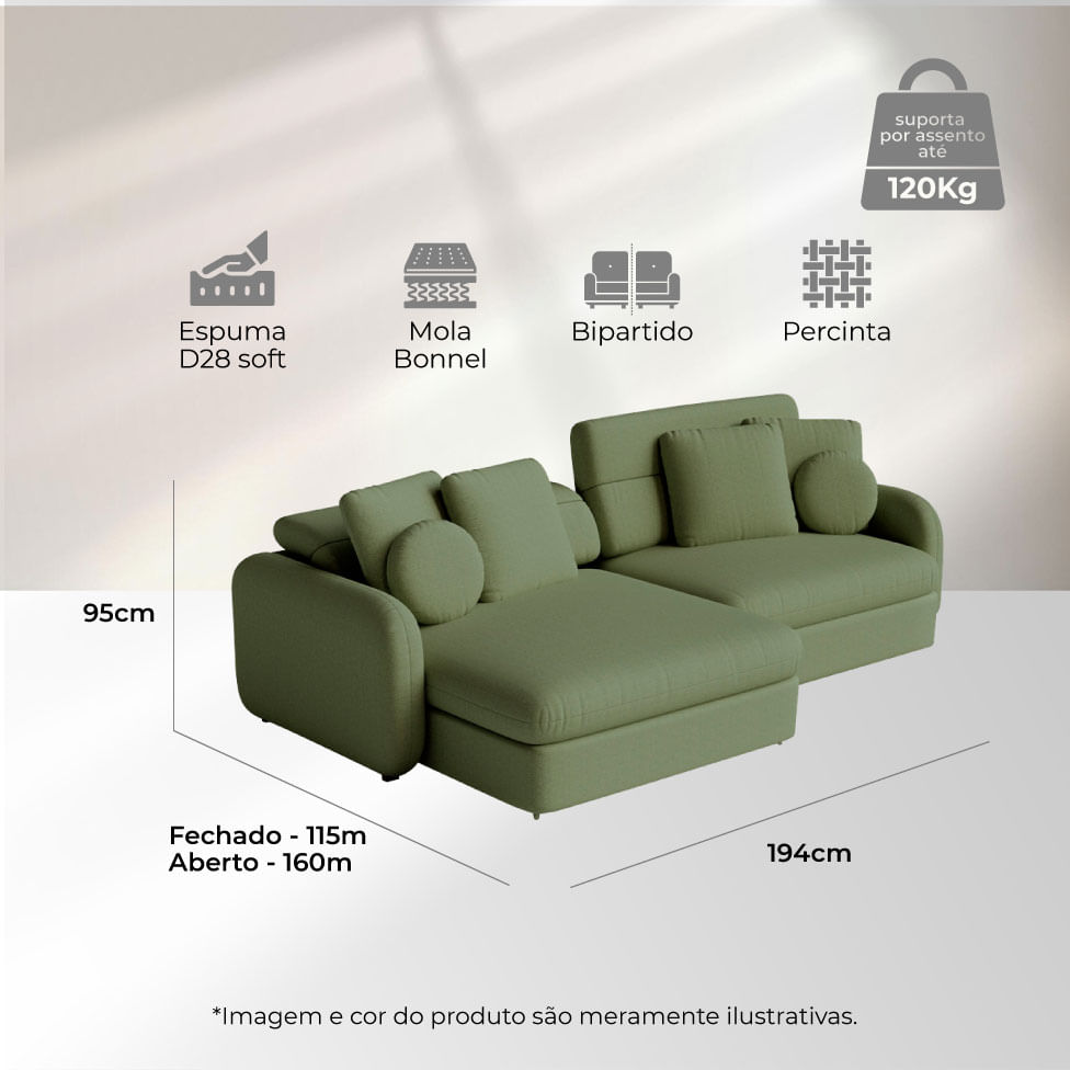 Sofá Domini Retrátil Bipartido em Linho Verde 1,94m - Imagem 6
