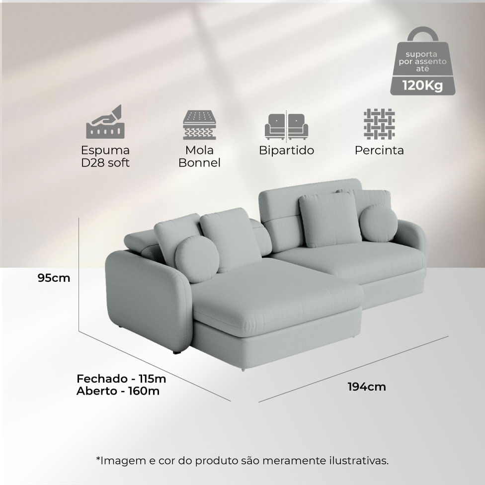 Sofá Domini Retrátil Bipartido em Linho Cinza Claro 1,94m - Imagem 6