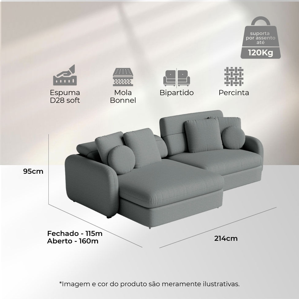 Sofá Domini Retrátil Bipartido em Linho Cinza 2,14m - Imagem 6
