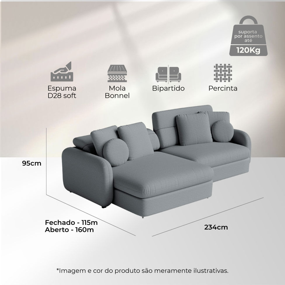 Sofá Domini Retrátil Bipartido em Linho Cinza Mescla 2,34m - Imagem 6