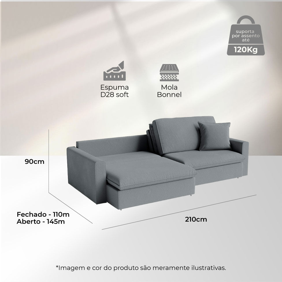 Sofá Soft Retrátil e Reclinável Bipartido em Linho Cinza Mescla 2,10m - Imagem 6